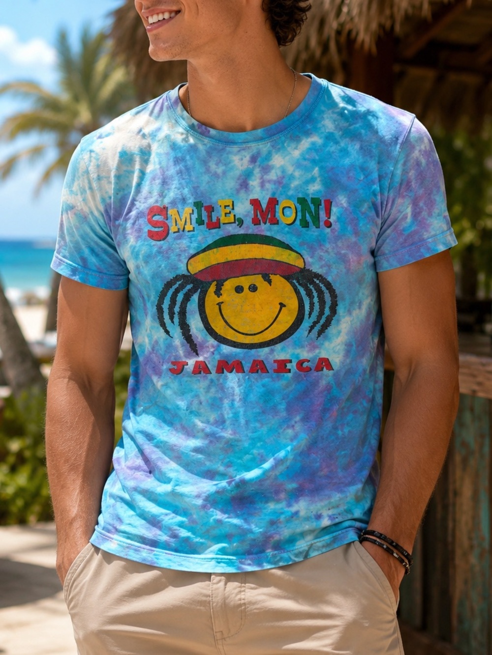 Daily T’s Jamaica Tie-Dye Graphic Tee Size S Smile Mon Beach Shirt Resortwear